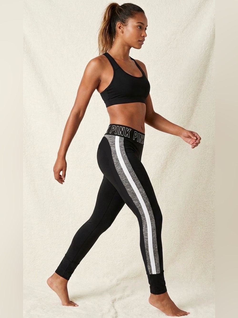 PINK Victoria's Secret Black & Gray Athletic Leggings with Side Stripe